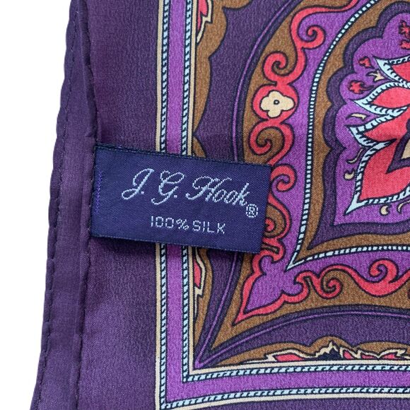 Purple Silk Paisley Scarf Square Signed JG Hook Old Money Career Professional - Picture 5 of 5